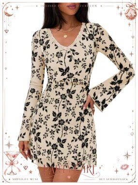 Women's Floral Mesh Long Sleeve Mini Dress Fitted Ruched V-Neck Going Out Club